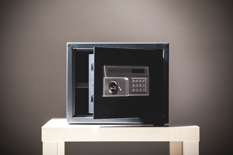 A small safe box was placed on a table, highlighting its secure and portable nature in Vancouver, BC