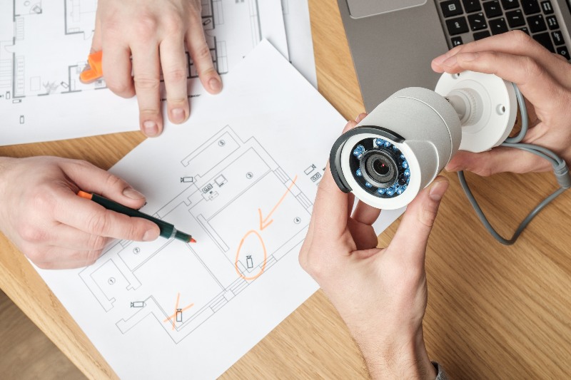 CCTV Video security equipment and blueprint on a table for business or commercial security in Vancouver, BC